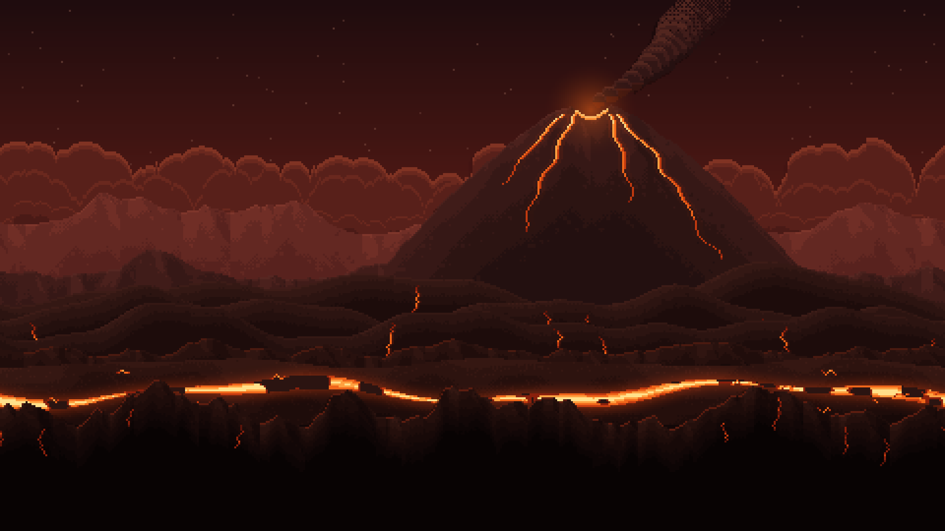 An Ember planet: scorched ground under a smoking volcano and a river of lava