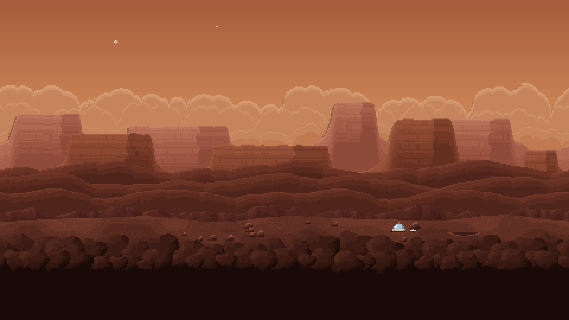 A Mars planet: rust-red ground under a butterscotch sky with layered mesas