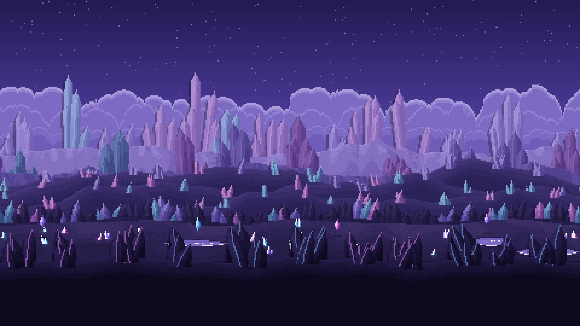 A Prism planet: purple ground under crystal formations and a ringed giant