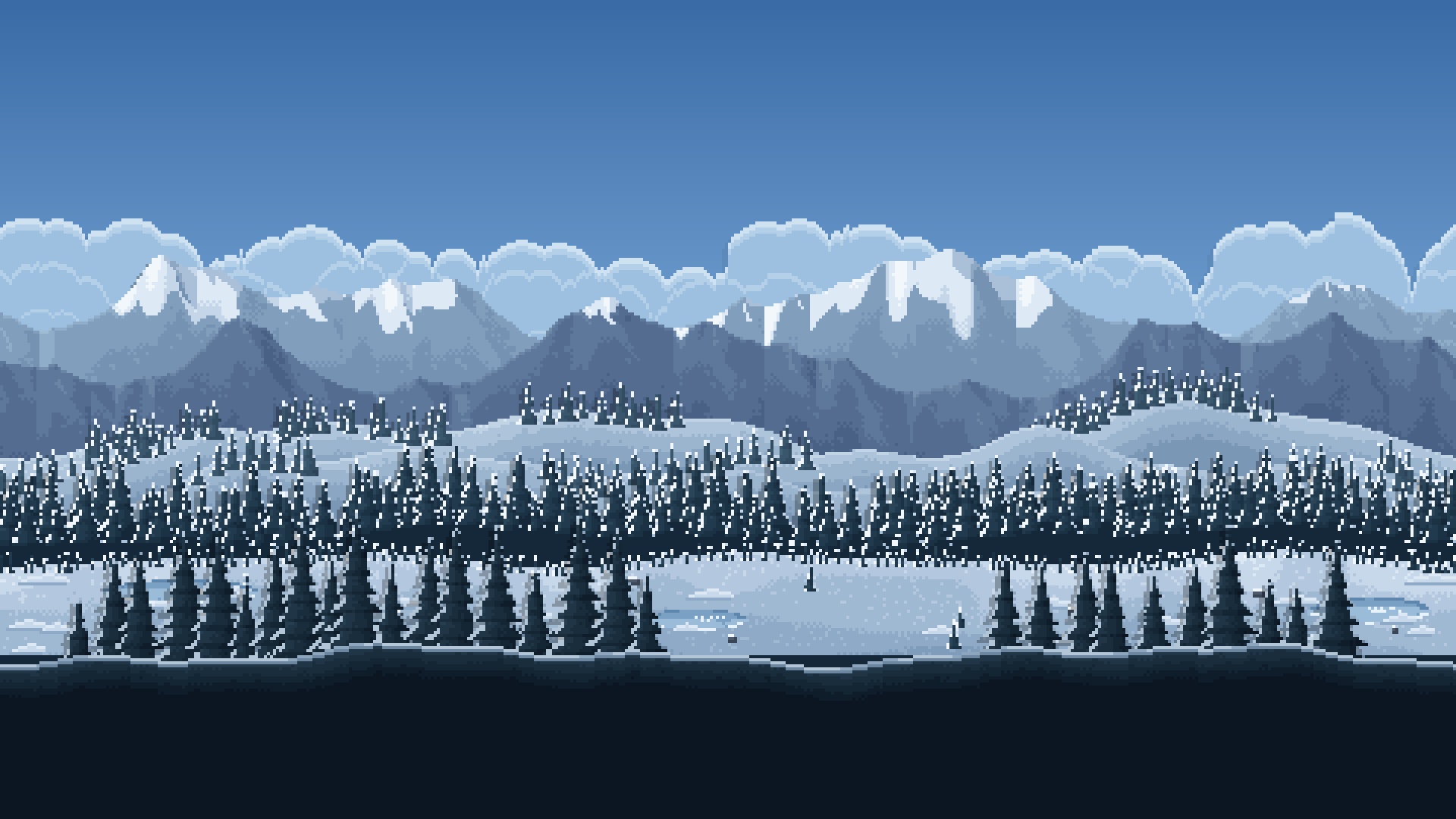 A Tundra planet: icy ground under snow-capped peaks, pine forests and a frozen lake