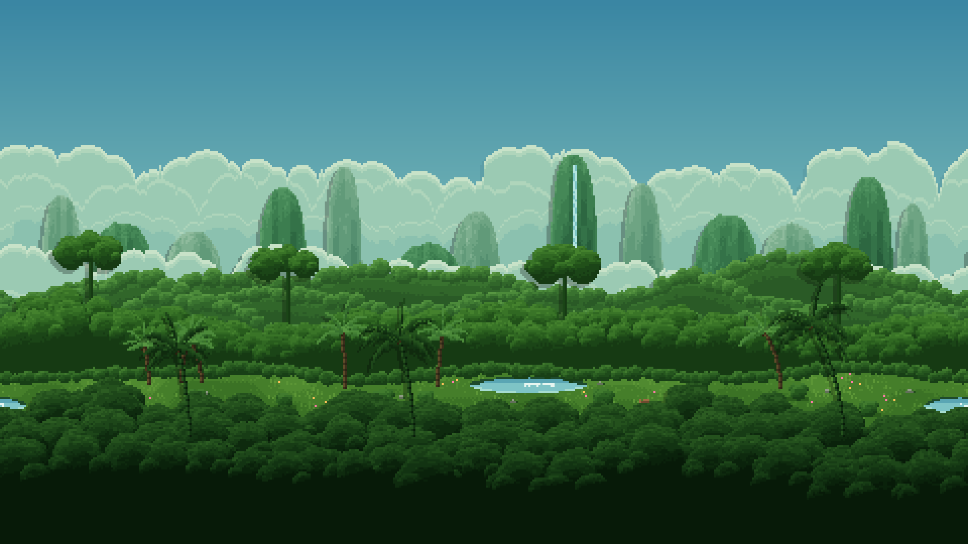 A Verdant planet: green ground under jungle, palms and karst towers rising out of the mist