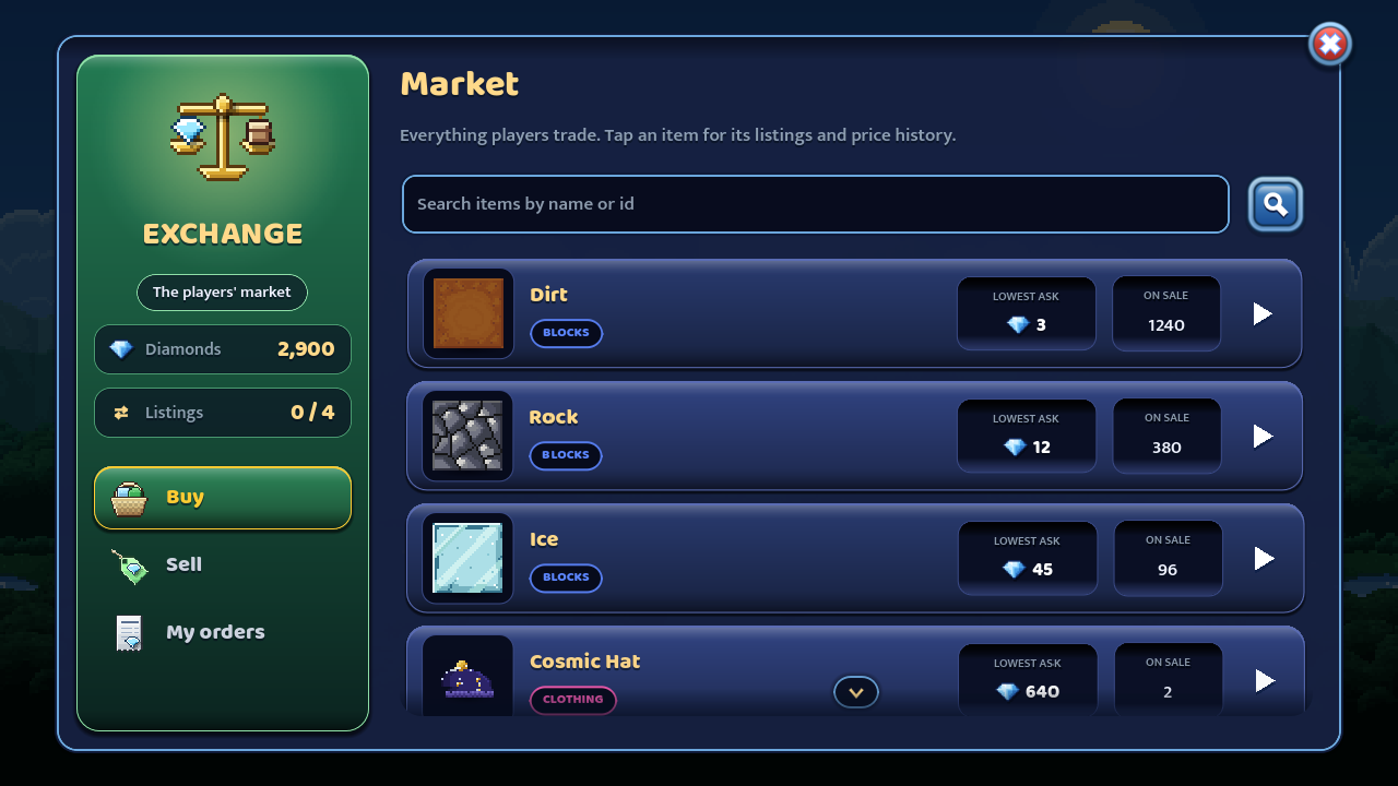The Exchange panel: an order book of player listings with buy and sell prices