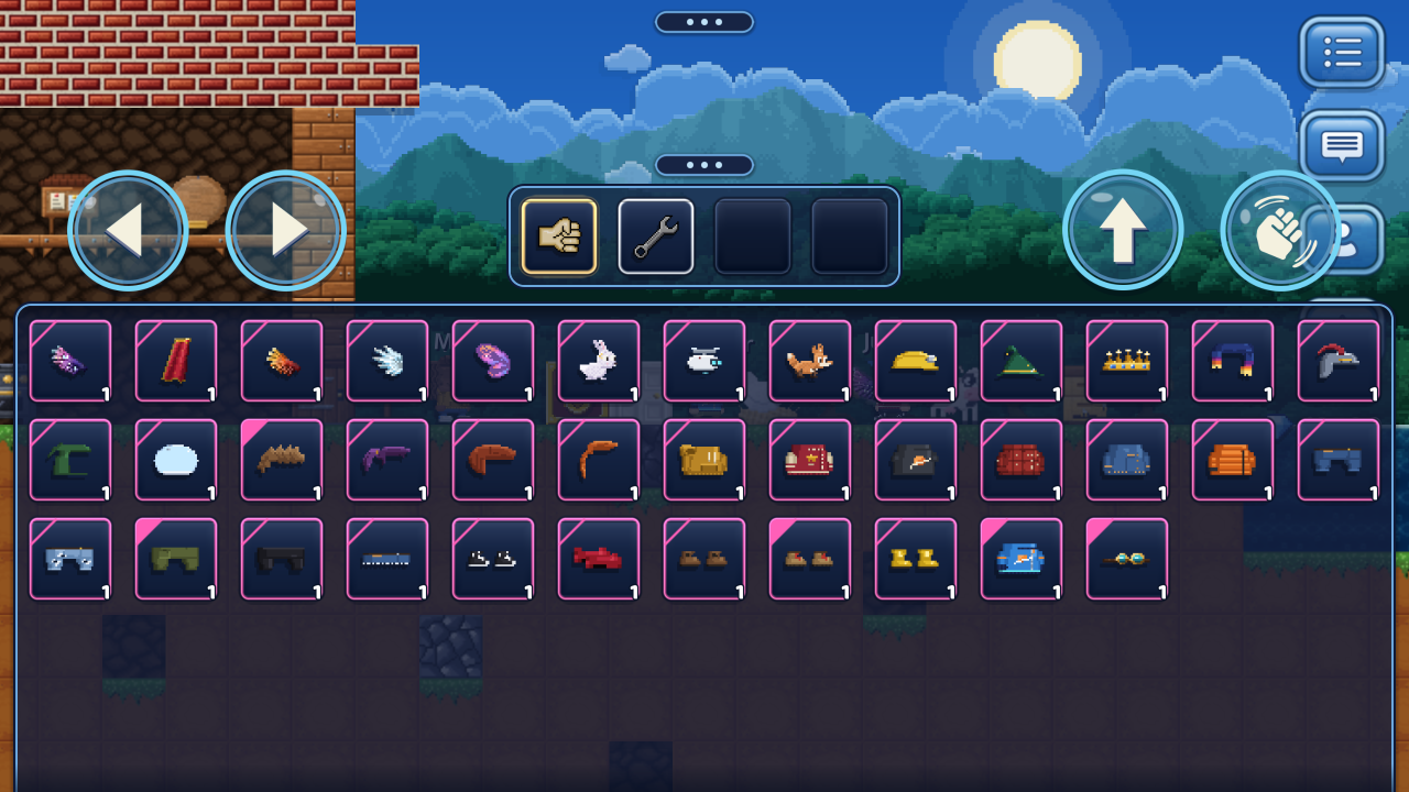 The inventory drawer open, full of wings, pets, hats, jackets, jeans and shoes