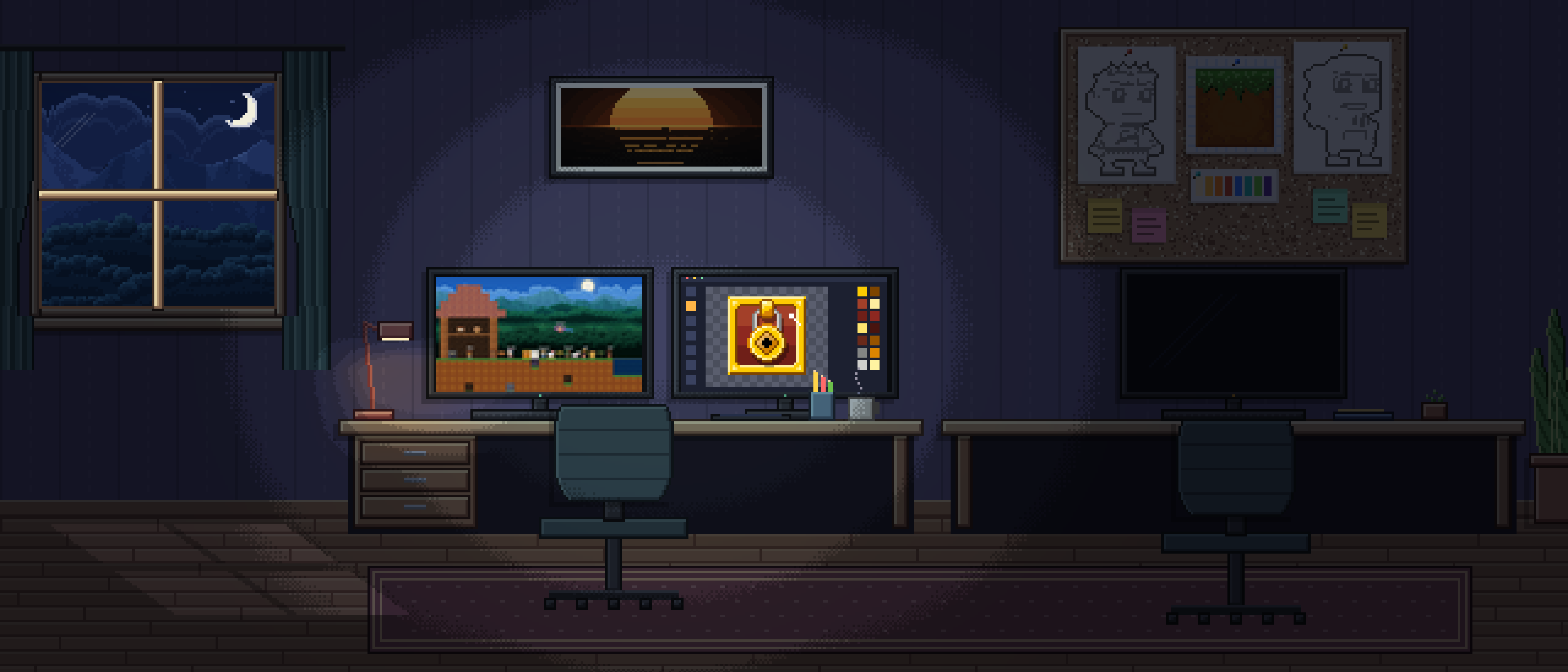 The studio at night with a second desk beside the first, its monitor off and its chair empty