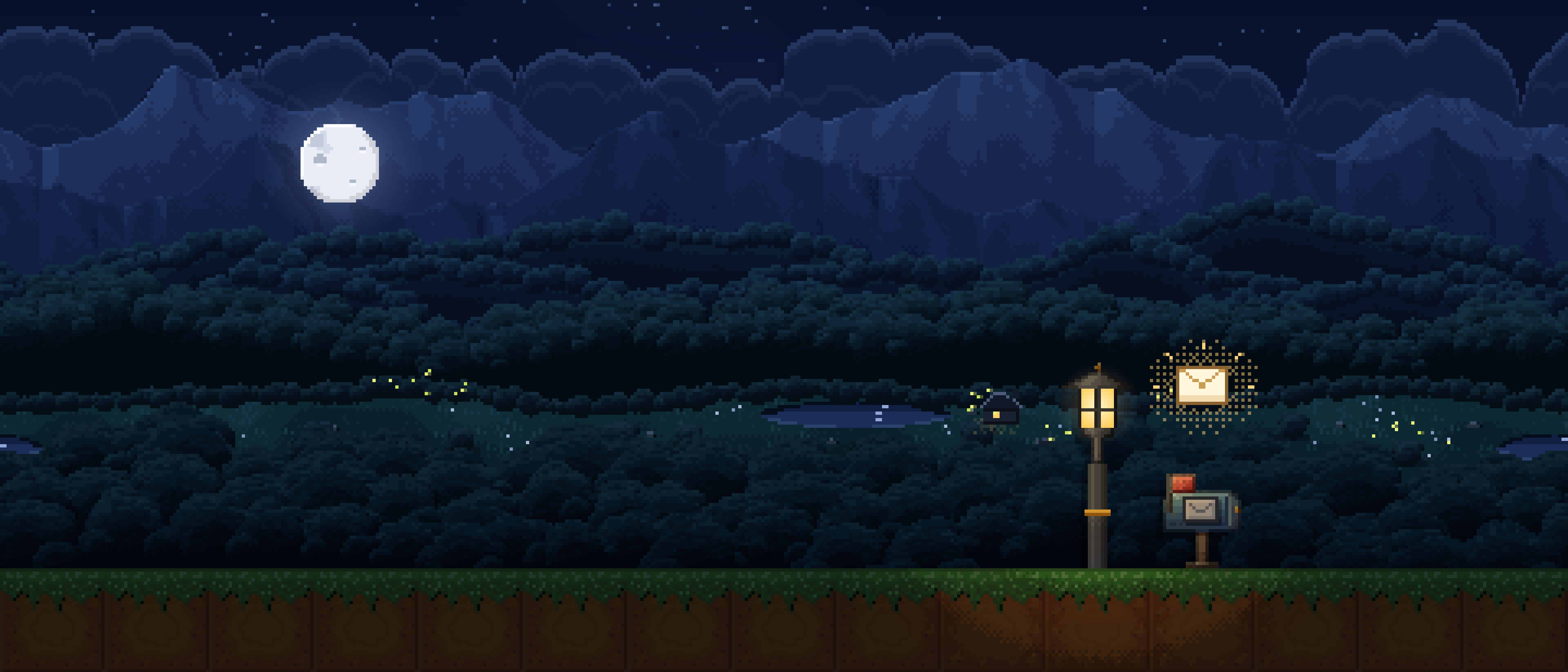 A mailbox under a lamp post on a planet at night, a glowing letter above it