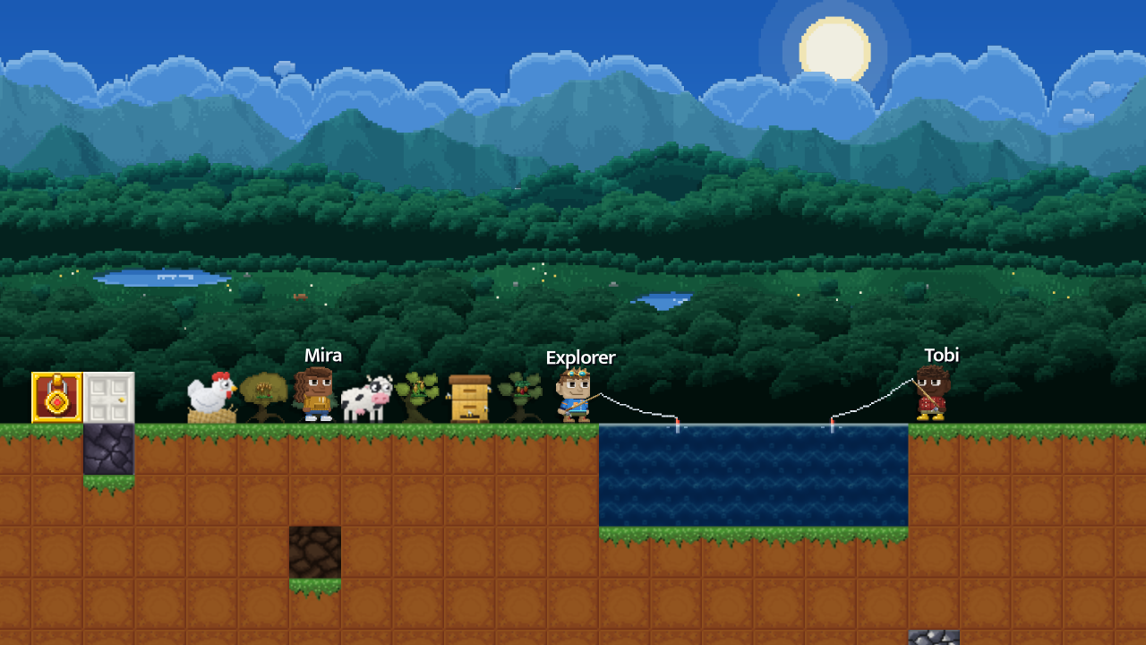 Two players fishing from either side of a pond, a farm with a chicken, a cow and a beehive behind them