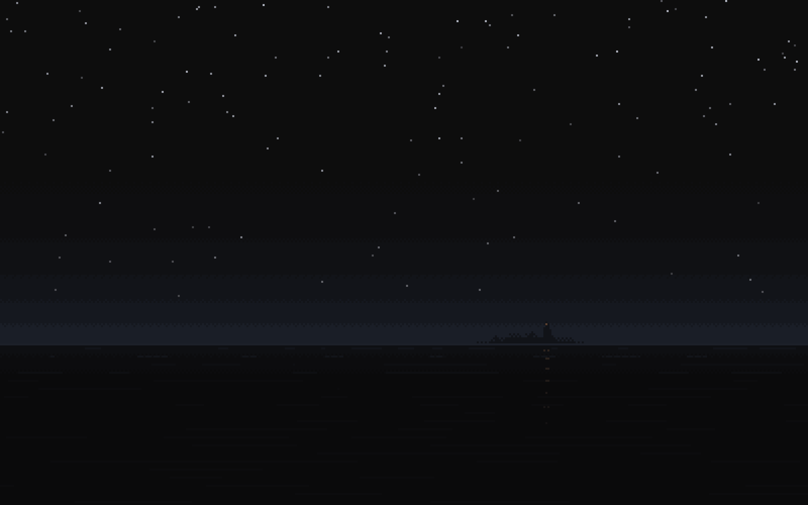 A night sea under the stars, a faint shape on the far horizon