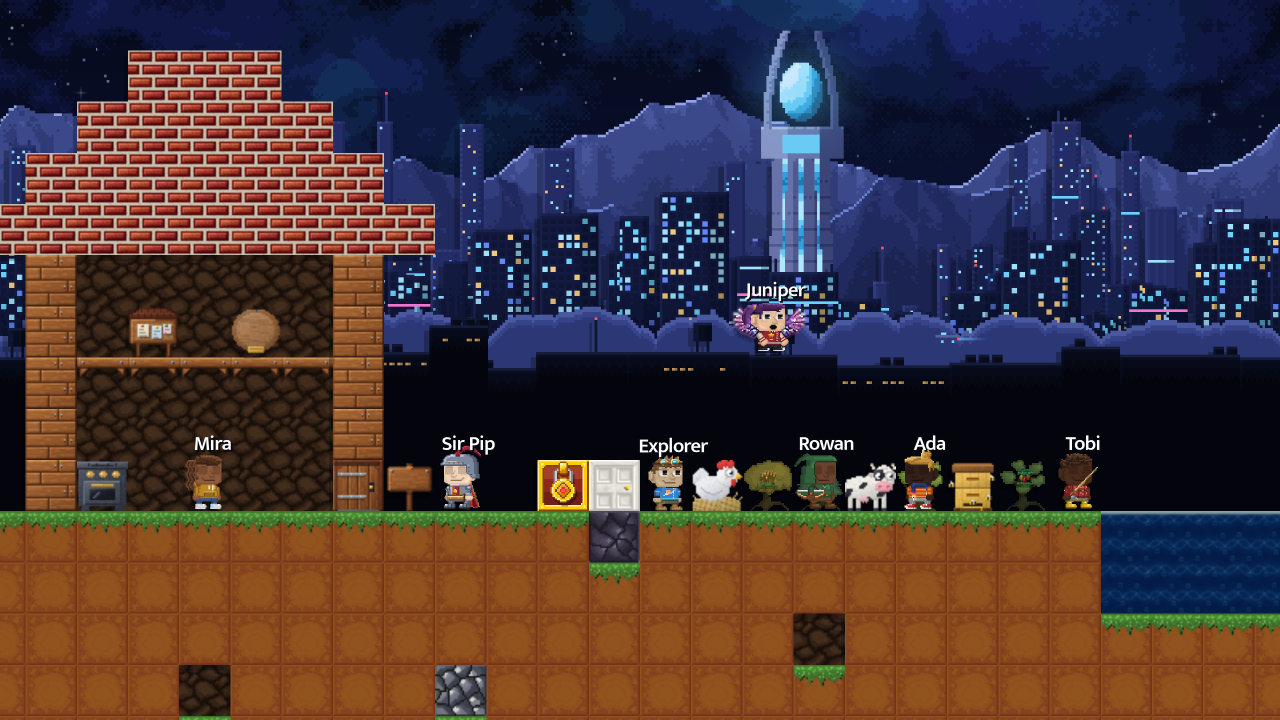 A home planet under the Nebula City sky: a lit skyline round a crystal tower, hover cars in the air