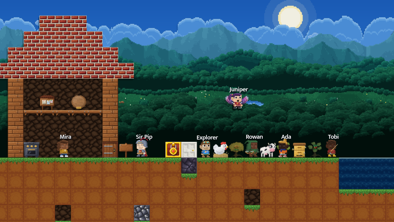 A built-up planet: a brick-roofed house, a farm with a cow, a chicken and a beehive, a pond, and six players