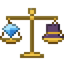 A balance with a diamond on one side and a hat on the other