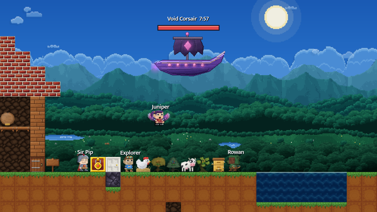 A raid: the Void Corsair airship hovers over a home planet as players gather below