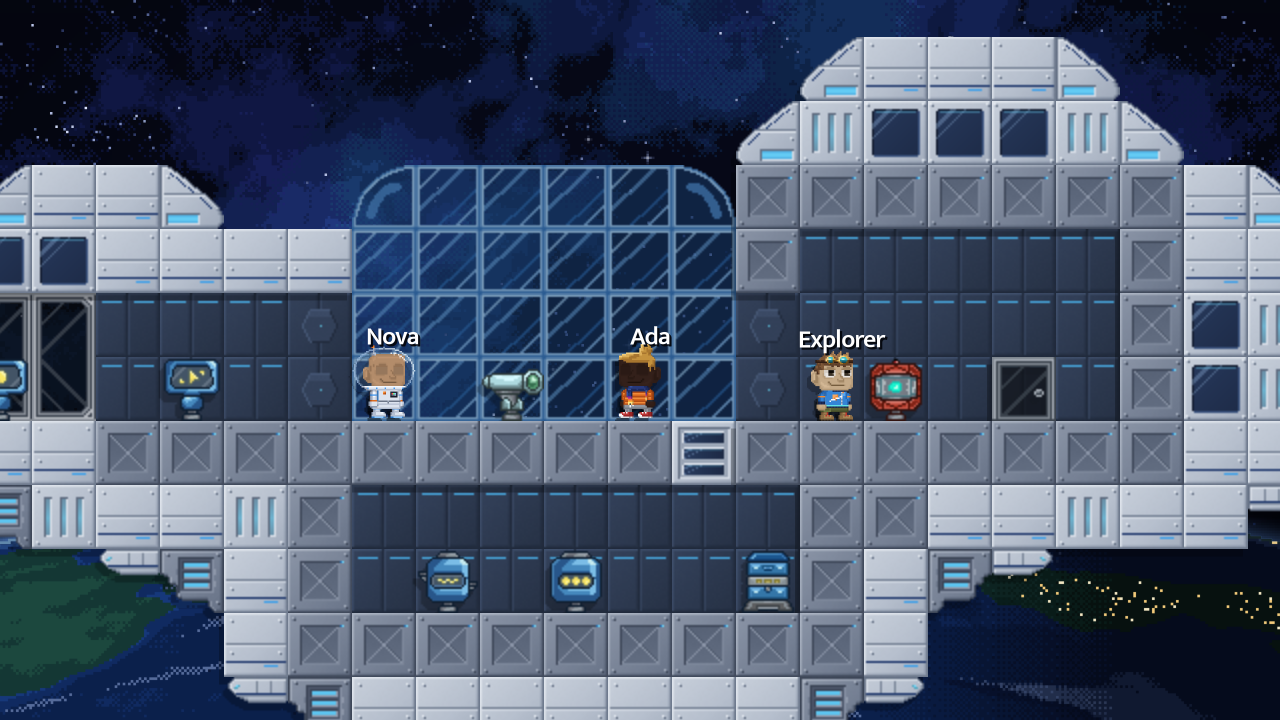 Inside a player's ship: the hub with its machines under a glass dome, three players aboard, a planet below