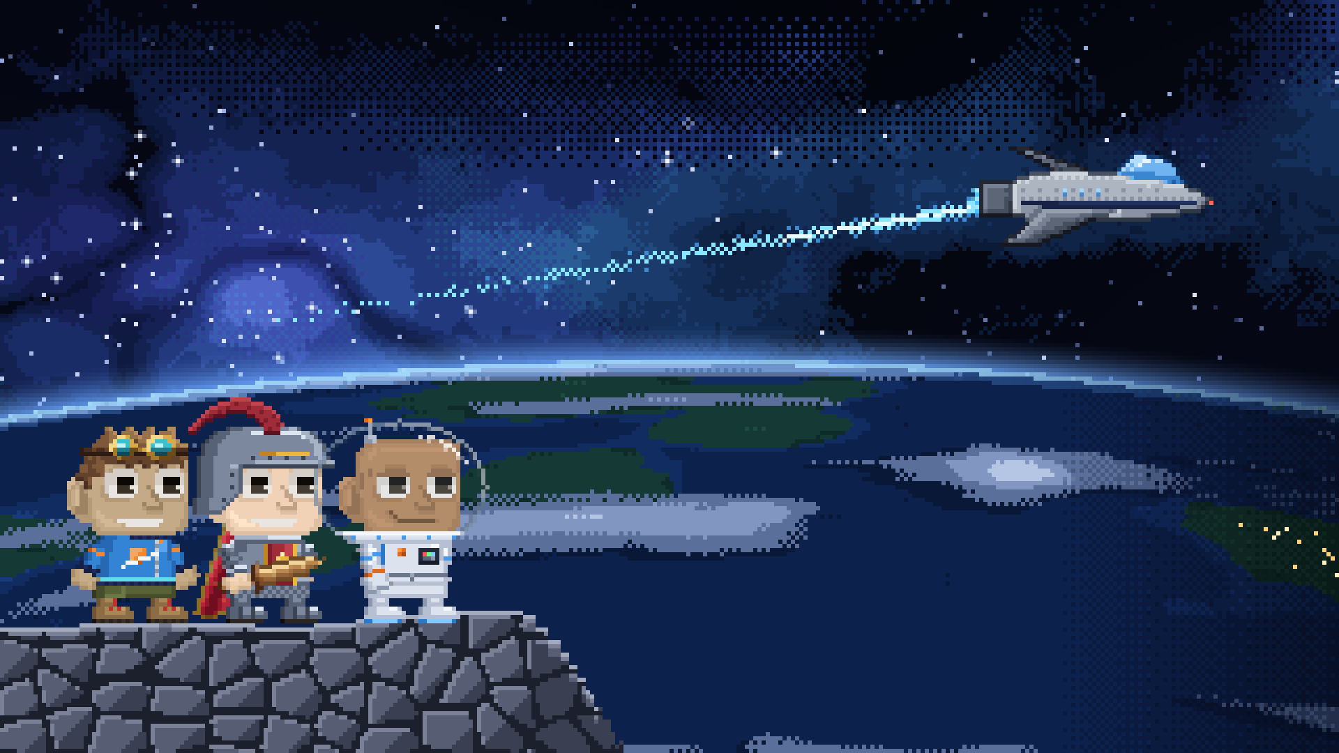 Three explorers on a rocky ledge watch a ship streak over the curve of a planet