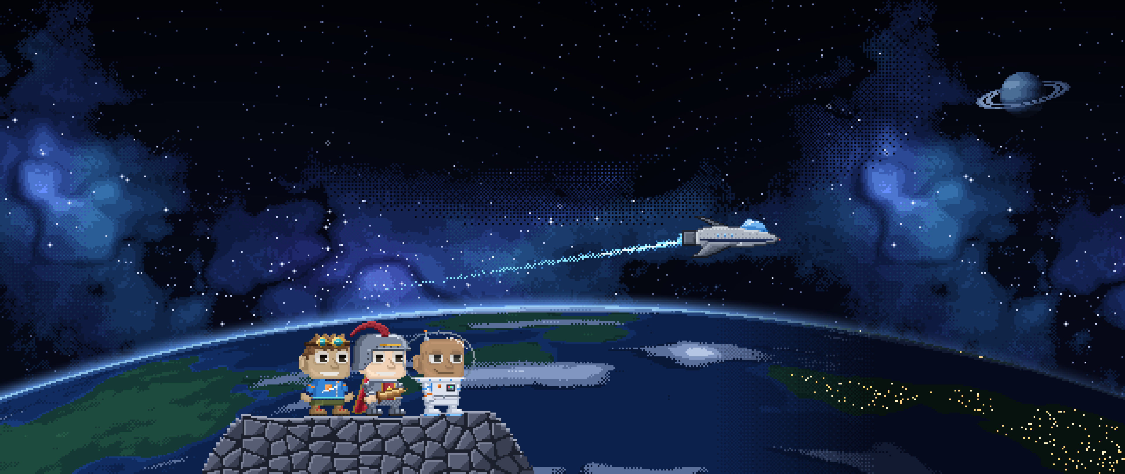 Three explorers on a rocky ledge watch a ship streak over the curve of a planet