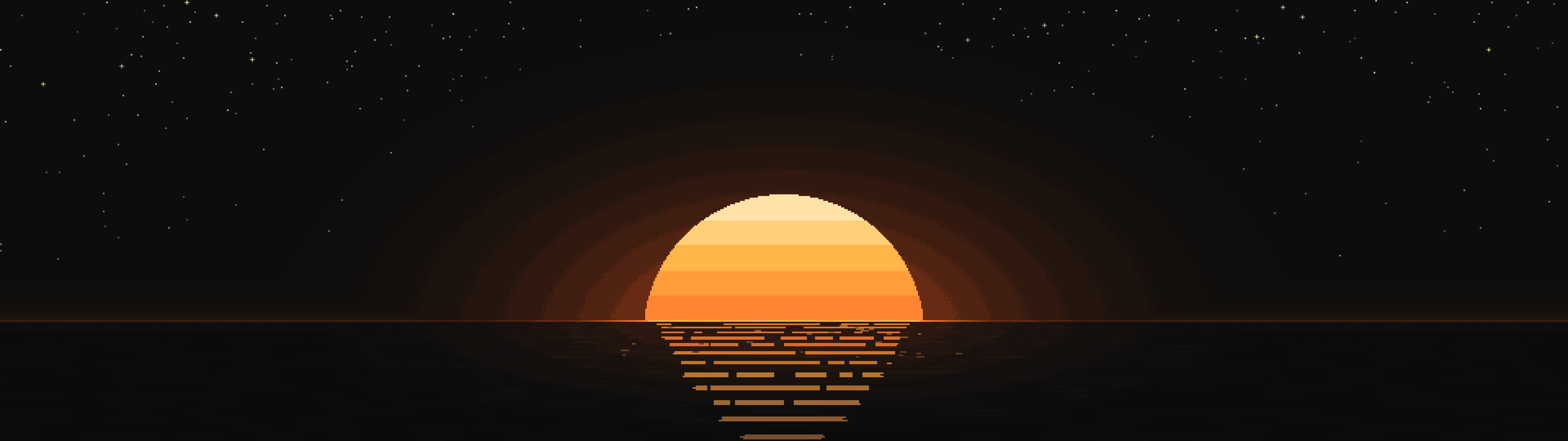 A pixel art sun rising over a calm sea under the stars