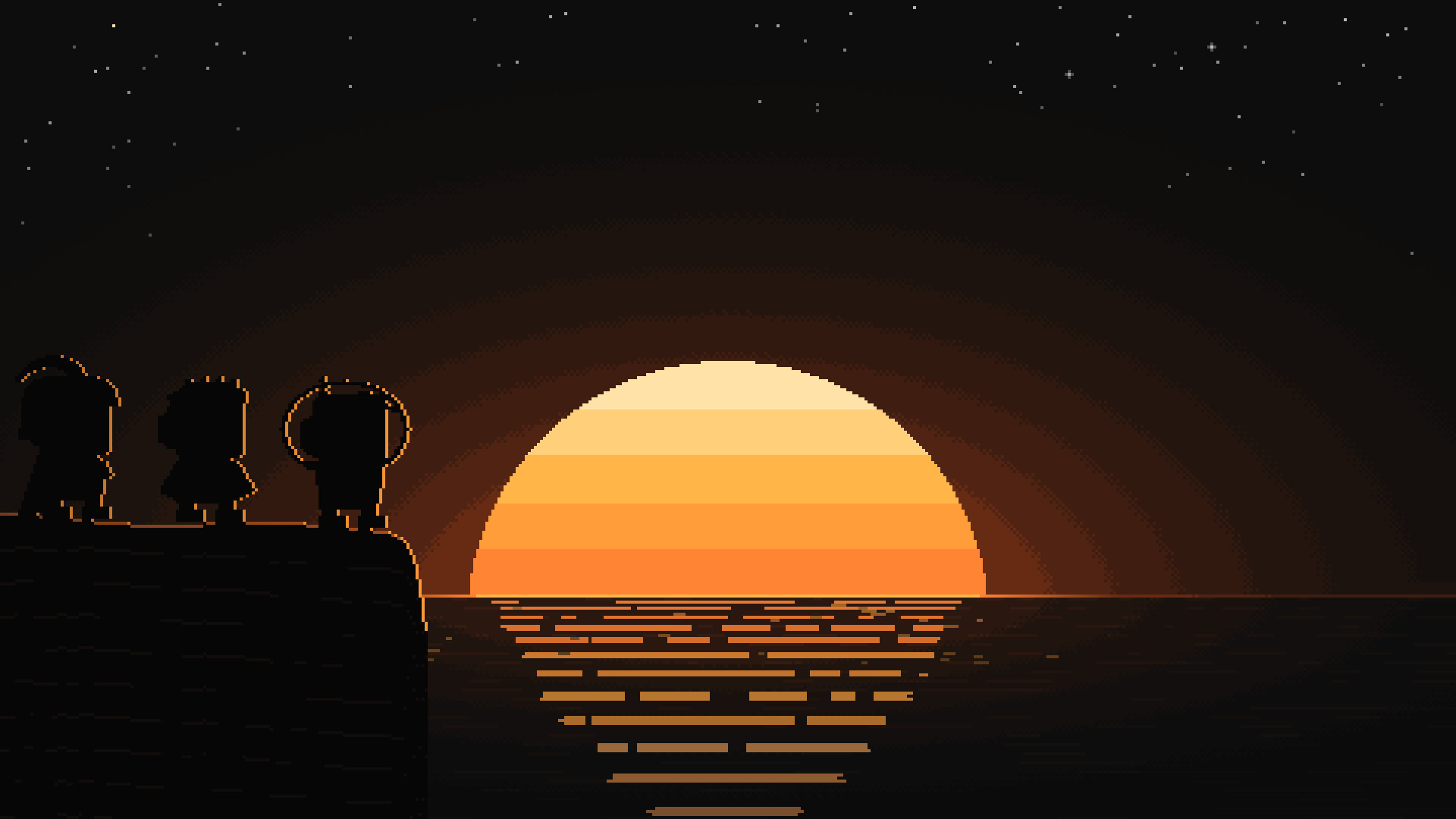 Three explorers on a cliff watch a pixel sun rise over the sea