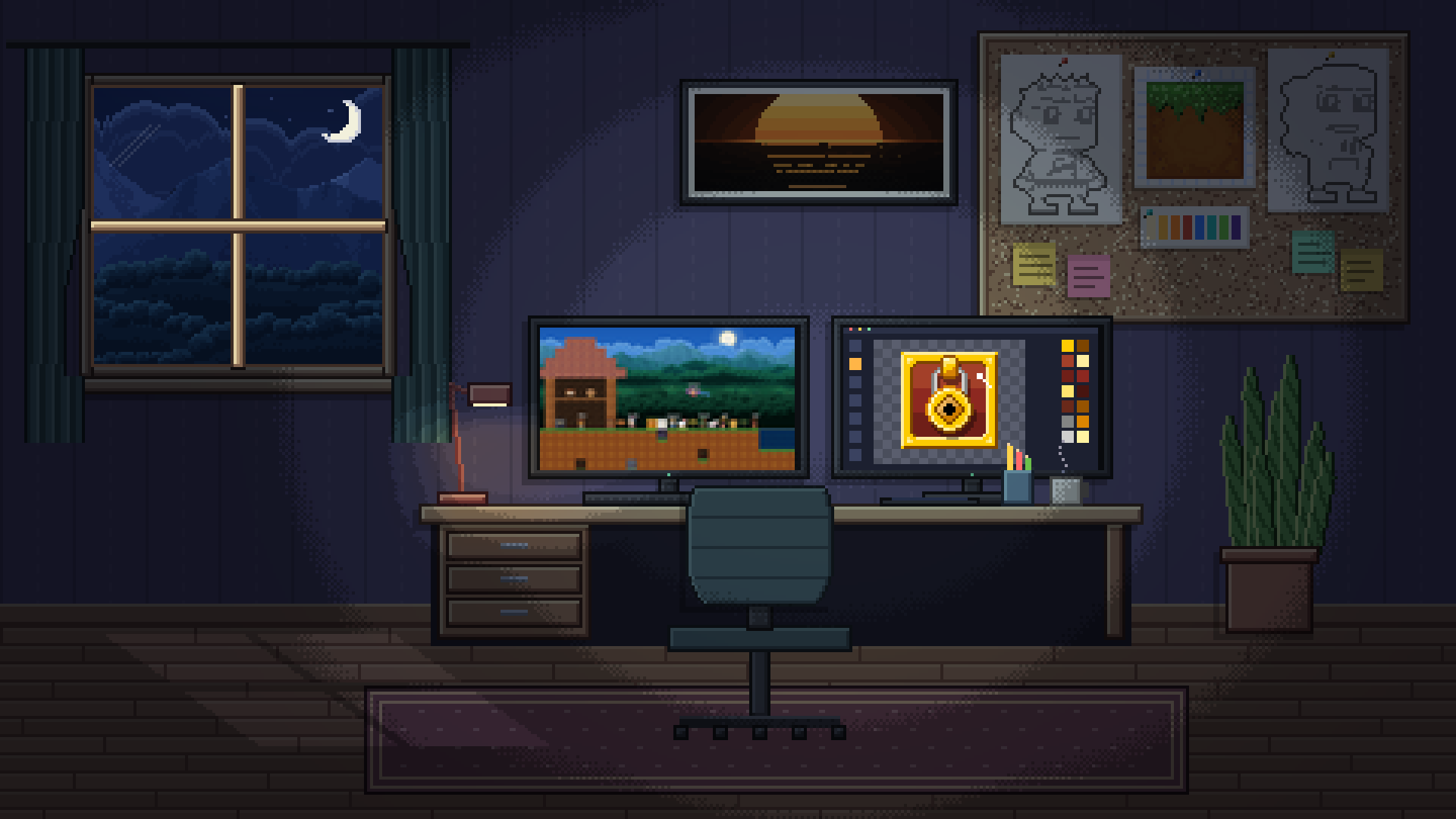 The Eosapien studio at night: a desk with two monitors showing Shiplanet and a pixel art editor, sketches pinned to the wall, the dawn print framed above