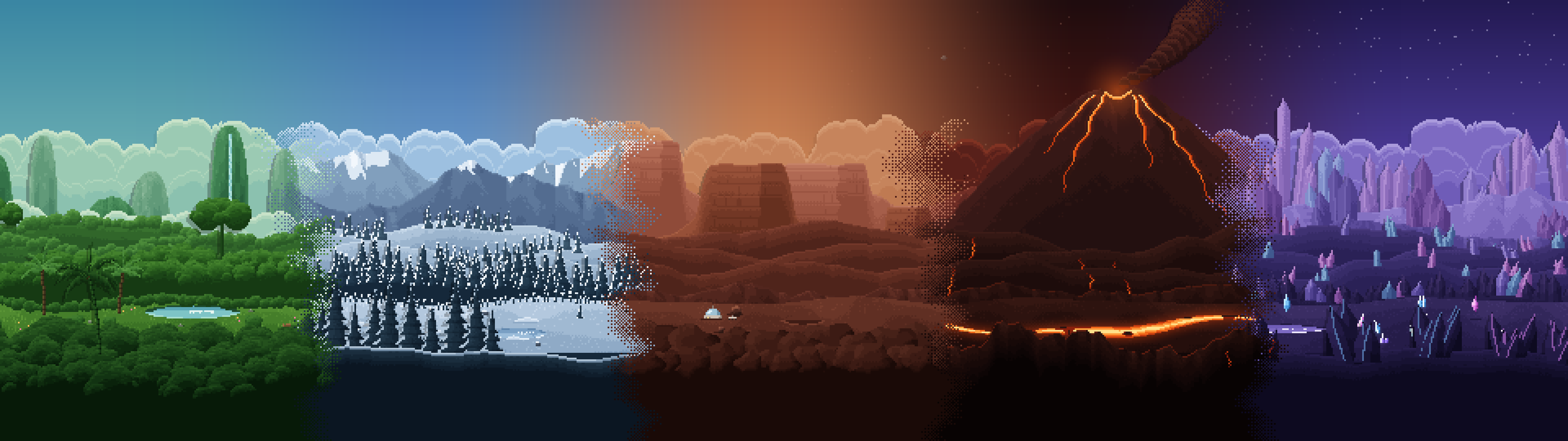 One landscape running through five biomes: jungle, snowy pines, red mesas, a volcano and purple crystals